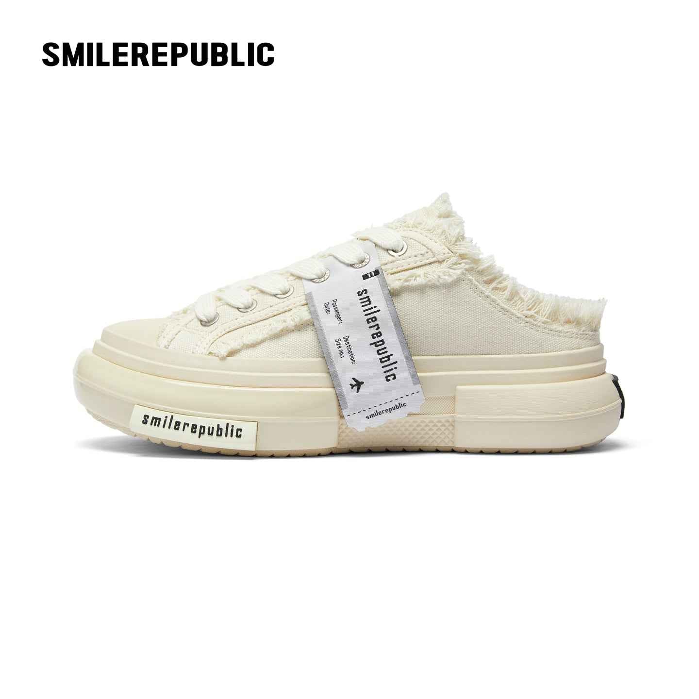 White Frayed Canvas Backless Platform Sneakers with Cream Sole