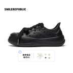 Black Perforated Lace Up Platform Shoes with Smile Toe Design - view 3