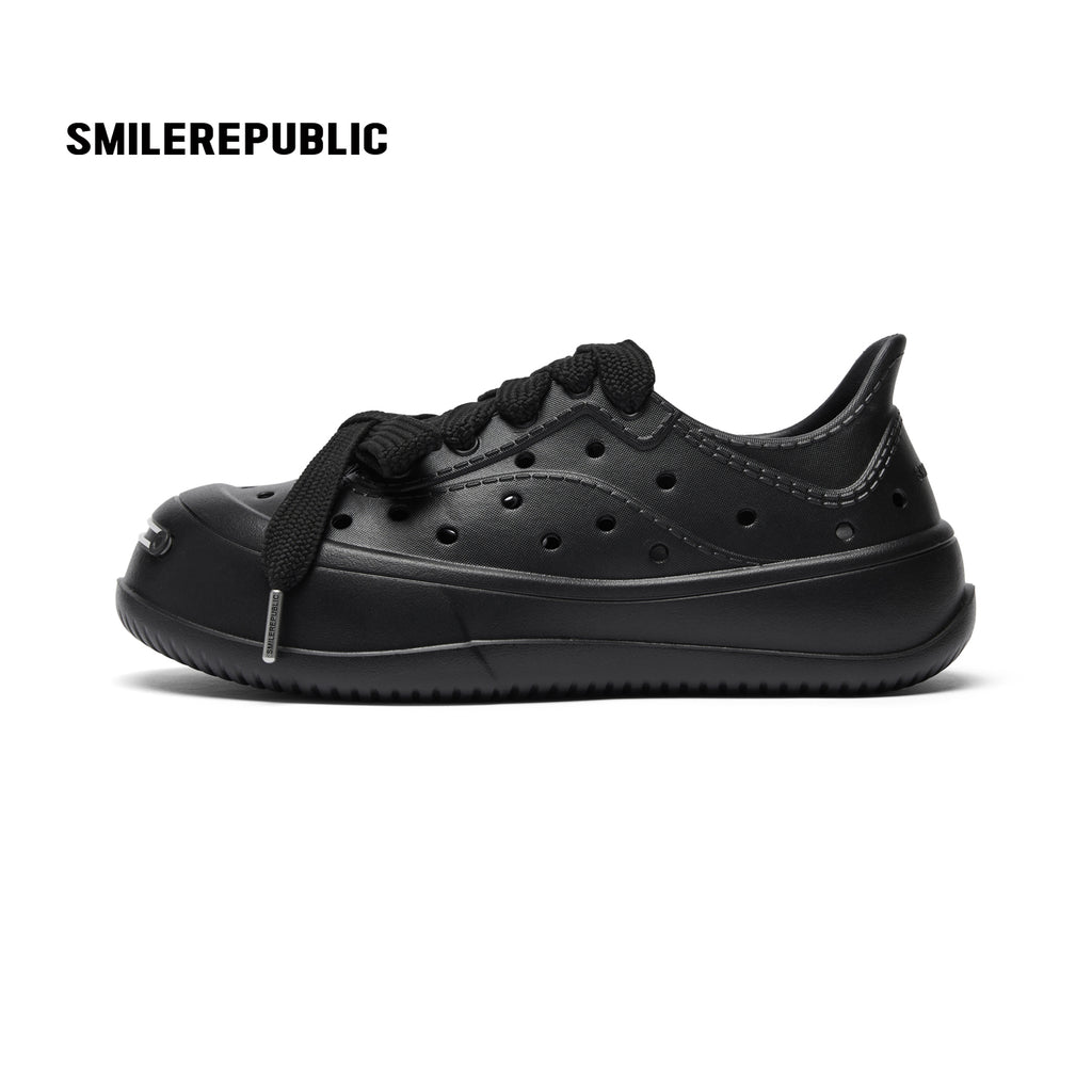 Black Perforated Lace Up Platform Shoes with Smile Toe Design