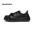 Black Perforated Lace Up Platform Shoes with Smile Toe Design