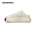 White Frayed Canvas Backless Platform Sneakers with Cream Sole