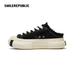 Black Frayed Canvas Backless Platform Sneakers with Cream Sole