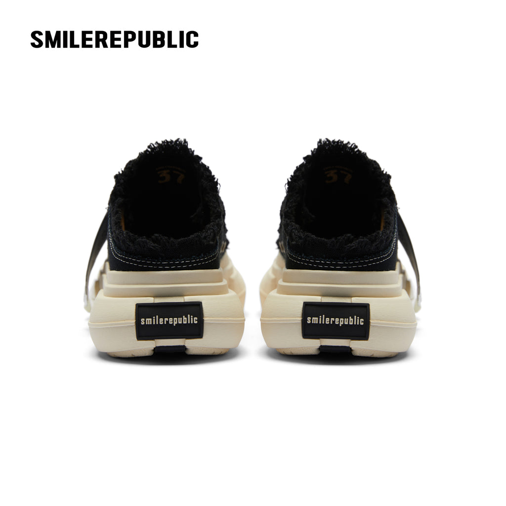 Black Frayed Canvas Backless Platform Sneakers with Cream Sole