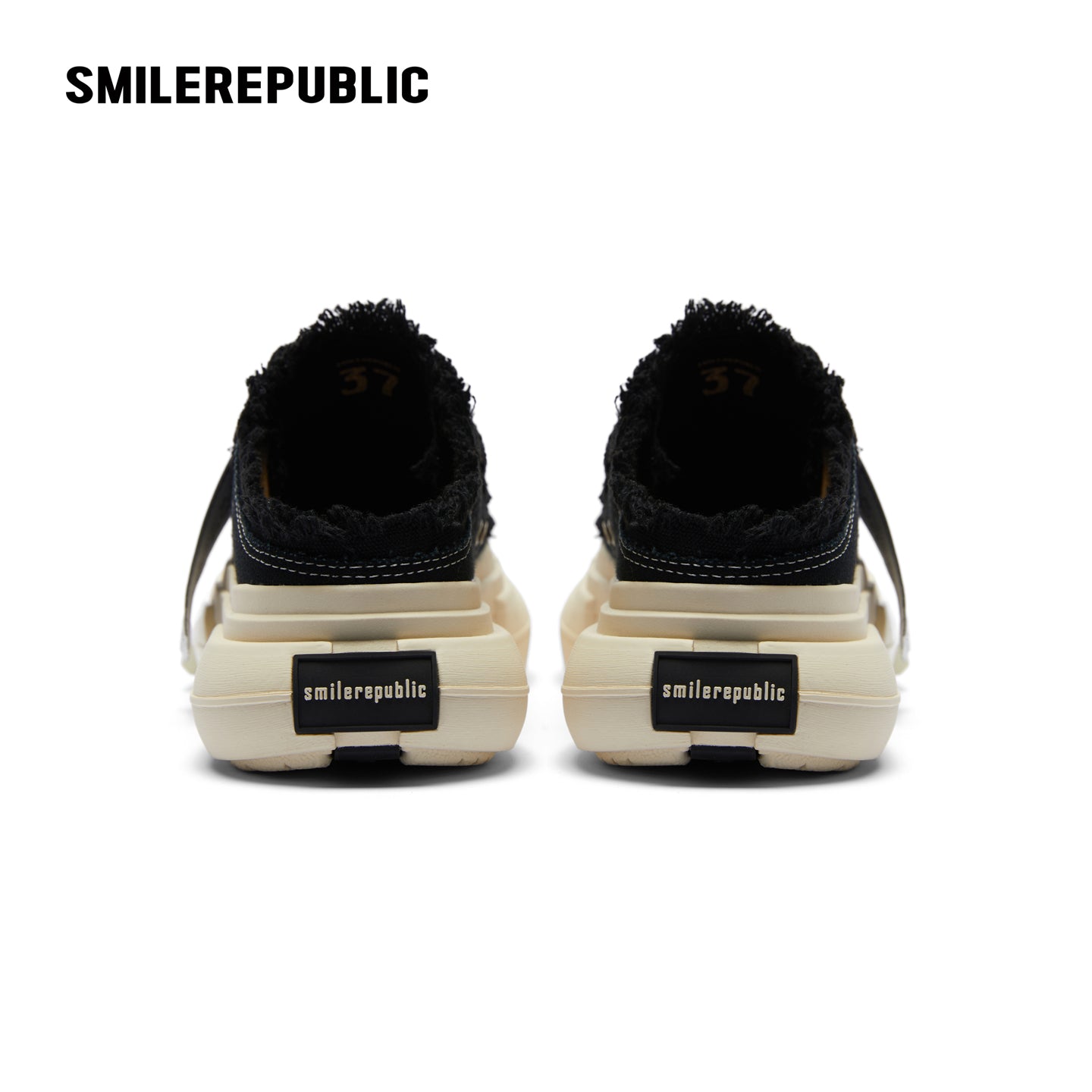 Black Frayed Canvas Backless Platform Sneakers with Cream Sole