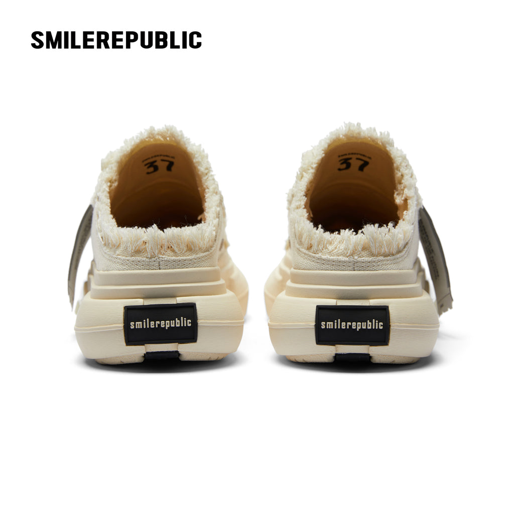White Frayed Canvas Backless Platform Sneakers with Cream Sole