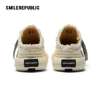 White Frayed Canvas Backless Platform Sneakers with Cream Sole - view 7
