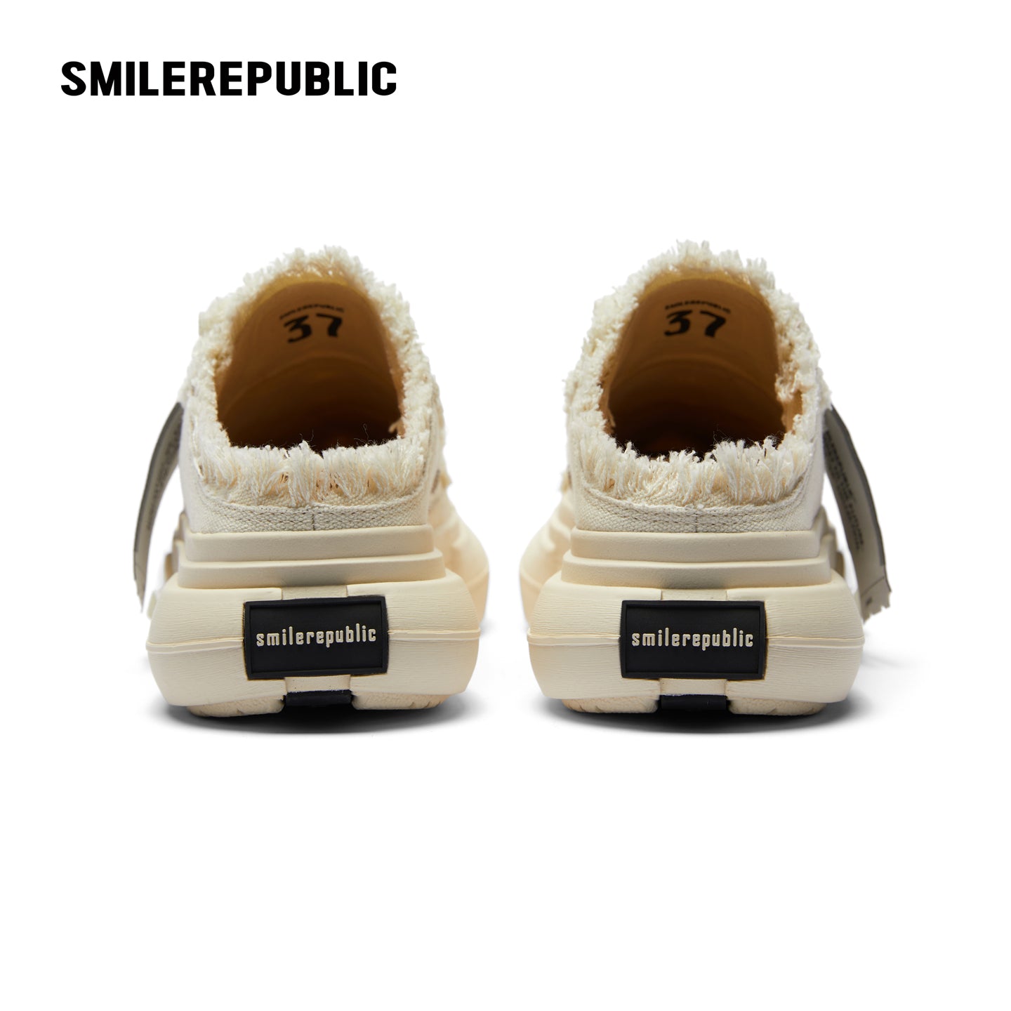 White Frayed Canvas Backless Platform Sneakers with Cream Sole