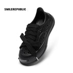 Black Perforated Lace Up Platform Shoes with Smile Toe Design - view 4