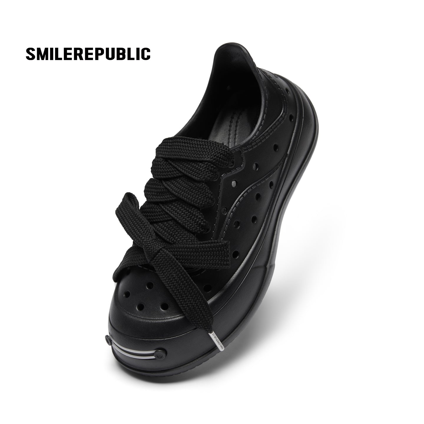 Black Perforated Lace Up Platform Shoes with Smile Toe Design