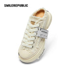 White Frayed Canvas Backless Platform Sneakers with Cream Sole