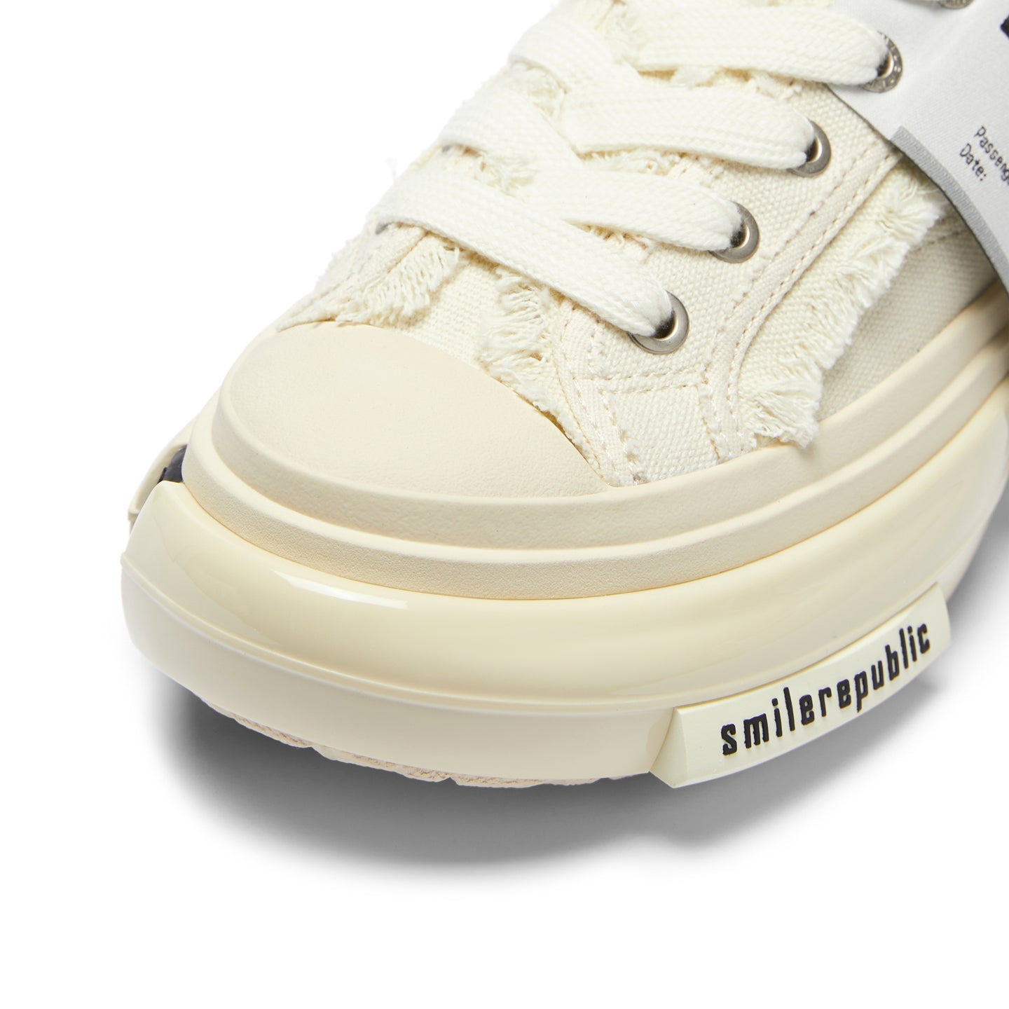 White Frayed Canvas Backless Platform Sneakers with Cream Sole