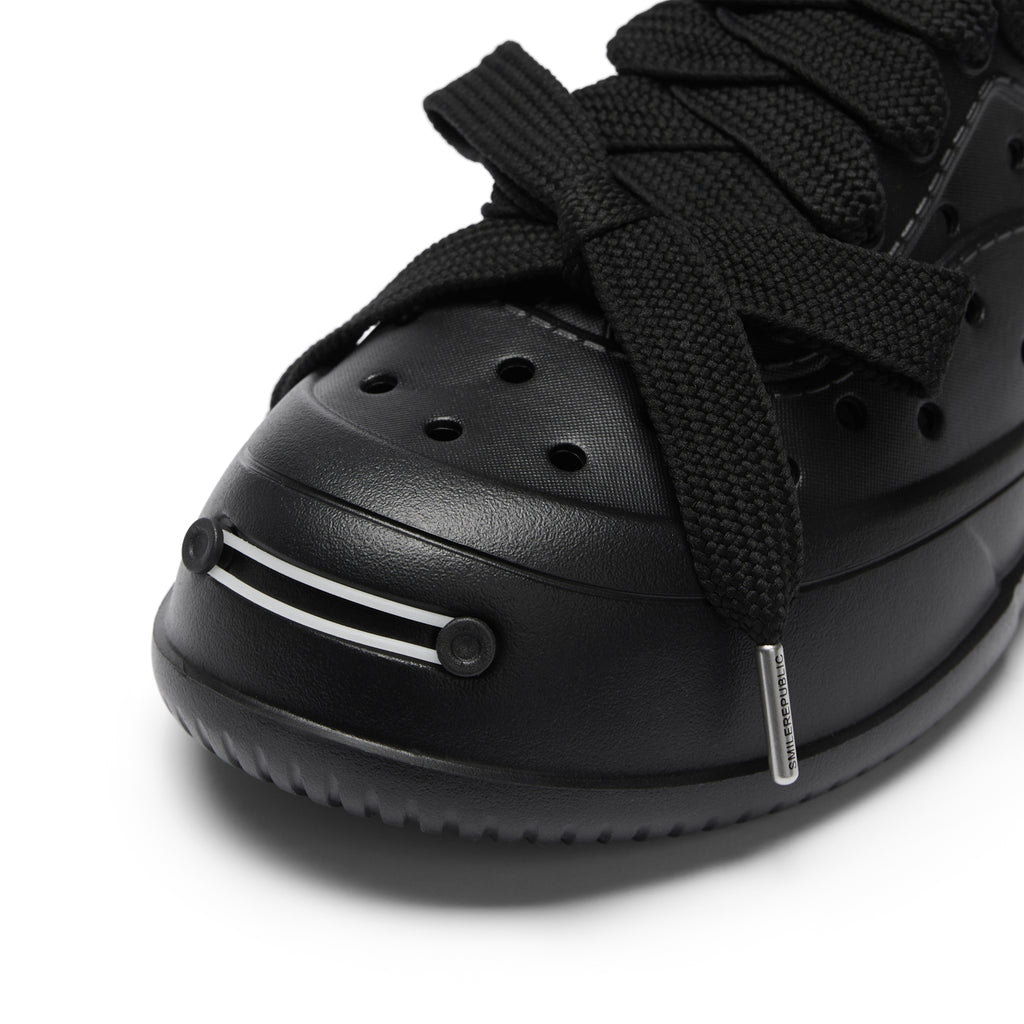 Black Perforated Lace Up Platform Shoes with Smile Toe Design