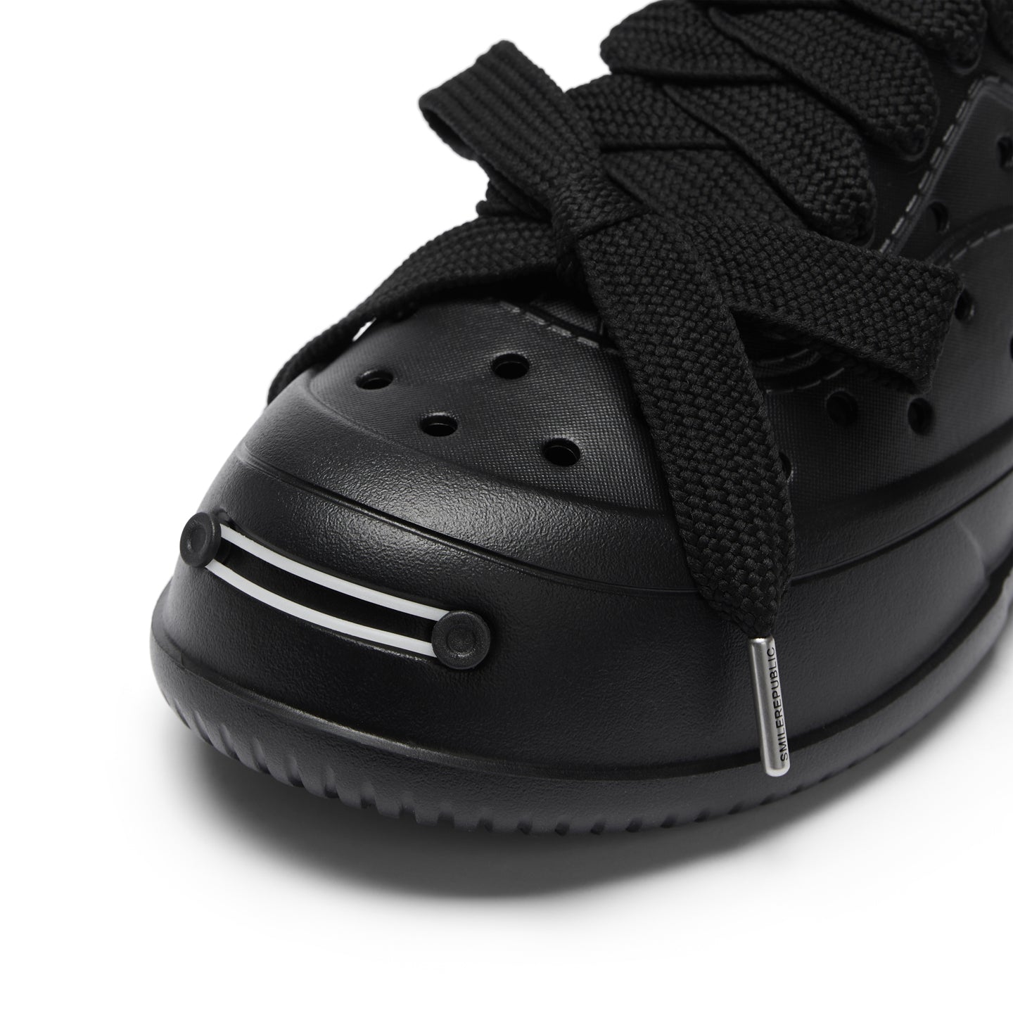 Black Perforated Lace Up Platform Shoes with Smile Toe Design