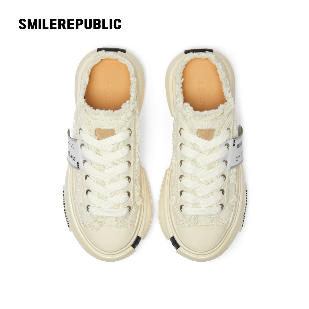White Frayed Canvas Backless Platform Sneakers with Cream Sole
