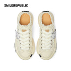 White Frayed Canvas Backless Platform Sneakers with Cream Sole - view 6