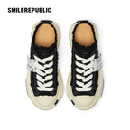Black Frayed Canvas Backless Platform Sneakers with Cream Sole