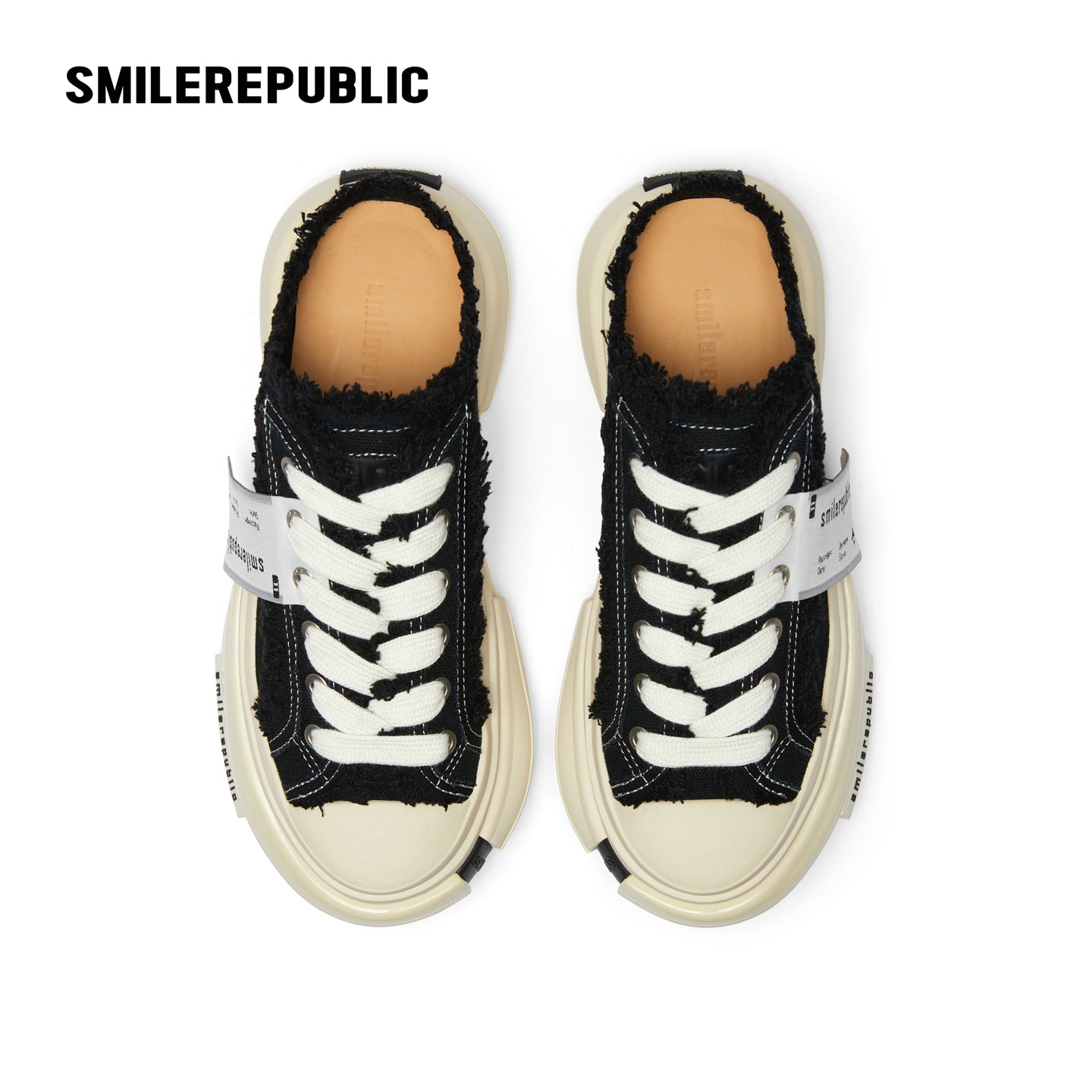 Black Frayed Canvas Backless Platform Sneakers with Cream Sole