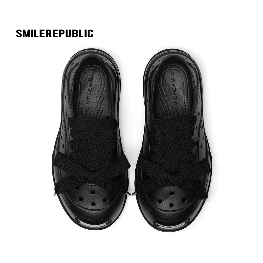 Black Perforated Lace Up Platform Shoes with Smile Toe Design