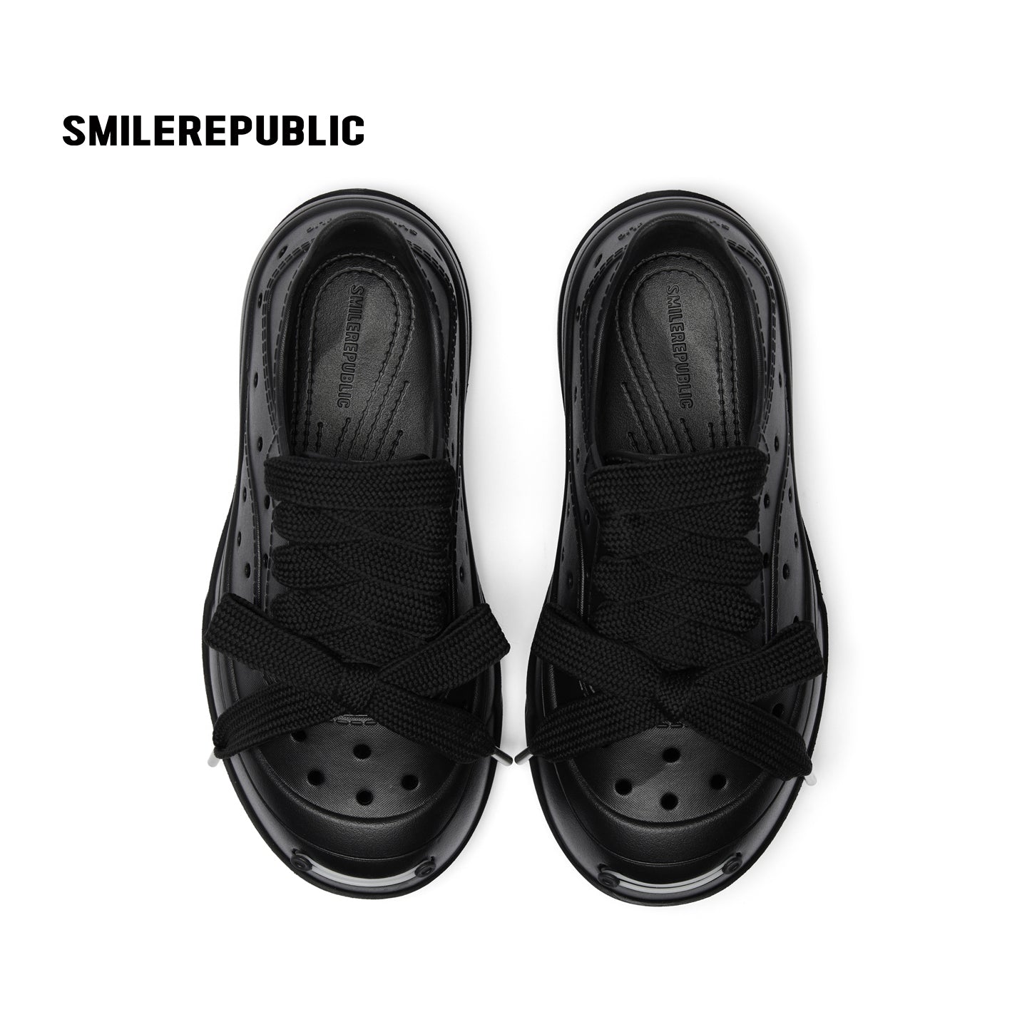 Black Perforated Lace Up Platform Shoes with Smile Toe Design