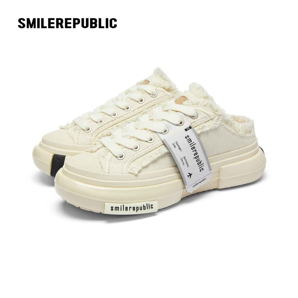 White Frayed Canvas Backless Platform Sneakers with Cream Sole
