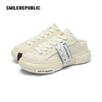 White Frayed Canvas Backless Platform Sneakers with Cream Sole