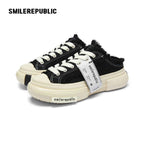 Black Frayed Canvas Backless Platform Sneakers with Cream Sole