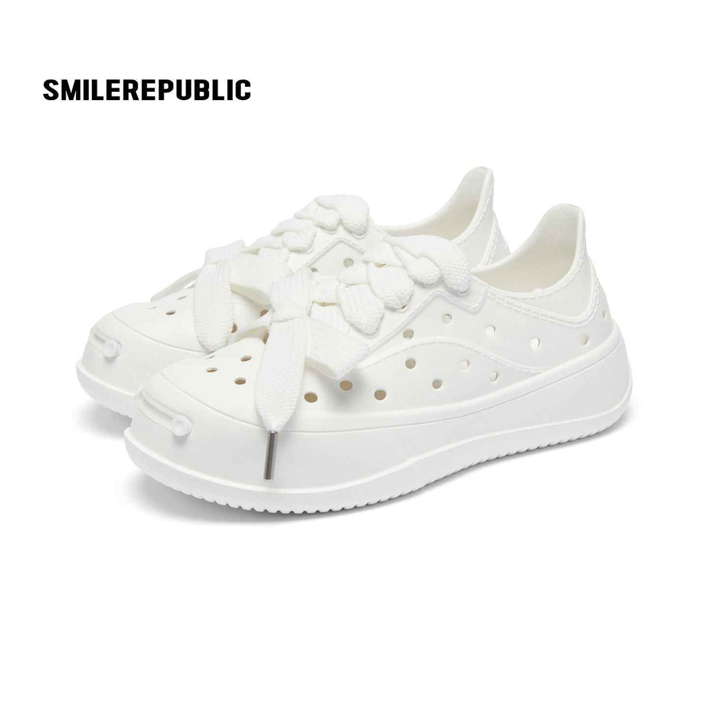 White Smile Toe DIY Charm Platform Clog Sneakers, Unisex Low Top Lace Up Shoes