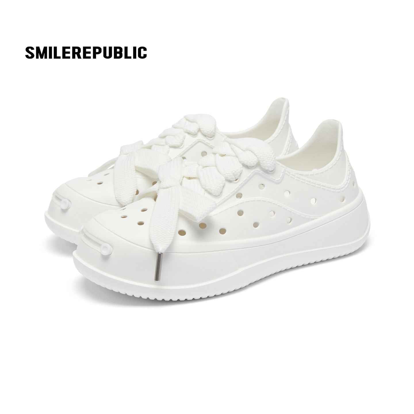 White Smile Toe DIY Charm Platform Clog Sneakers, Unisex Low Top Lace Up Shoes