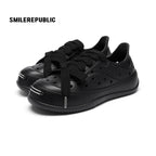 Black Perforated Lace Up Platform Shoes with Smile Toe Design - view 2