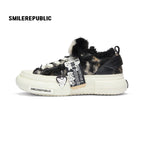 Black Fleece Platform Sneakers with Faux Fur Accents, Unisex Low Top Lace Up Shoes