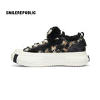 Black Fleece Platform Sneakers with Faux Fur Accents, Unisex Low Top Lace Up Shoes