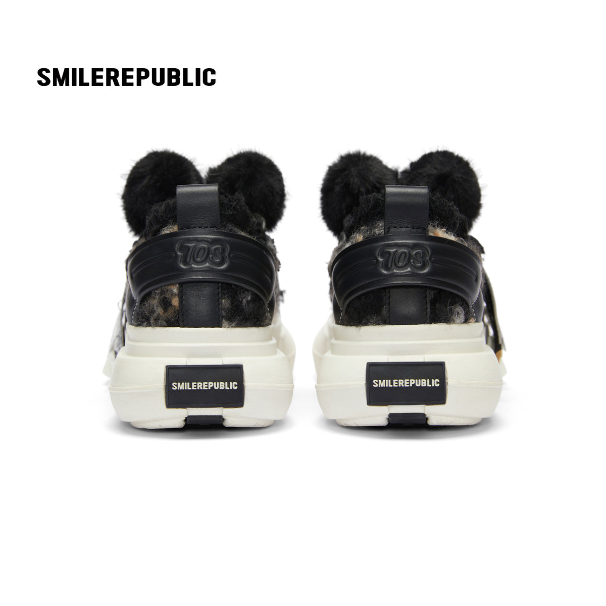 Black Fleece Platform Sneakers with Faux Fur Accents, Unisex Low Top Lace Up Shoes