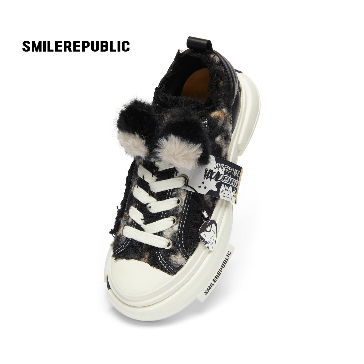 Black Fleece Platform Sneakers with Faux Fur Accents, Unisex Low Top Lace Up Shoes