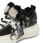 Black Fleece Platform Sneakers with Faux Fur Accents, Unisex Low Top Lace Up Shoes