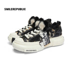 Black Fleece Platform Sneakers with Faux Fur Accents, Unisex Low Top Lace Up Shoes