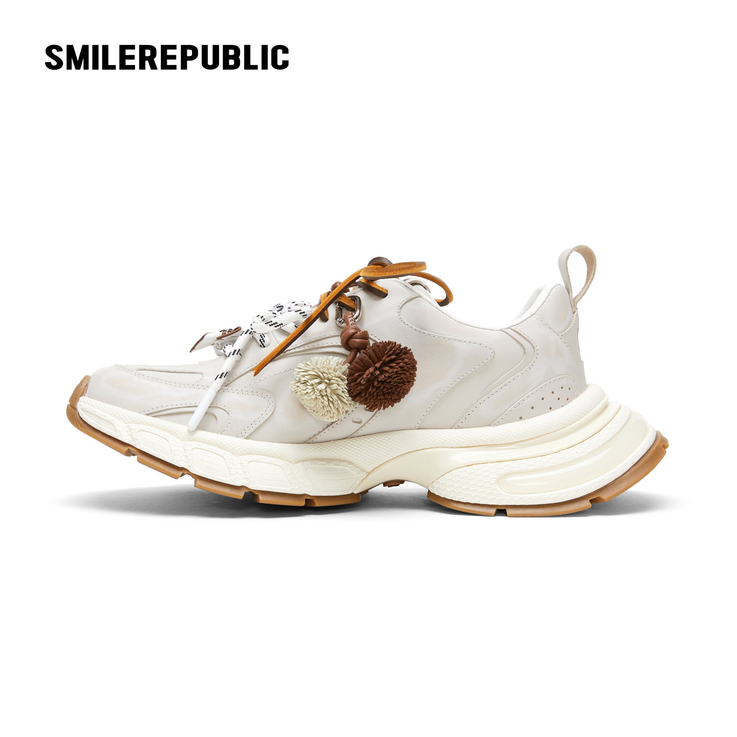 Off-White Burnished Leather Low Top Chunky Sneakers with Tassel Charms, Unisex