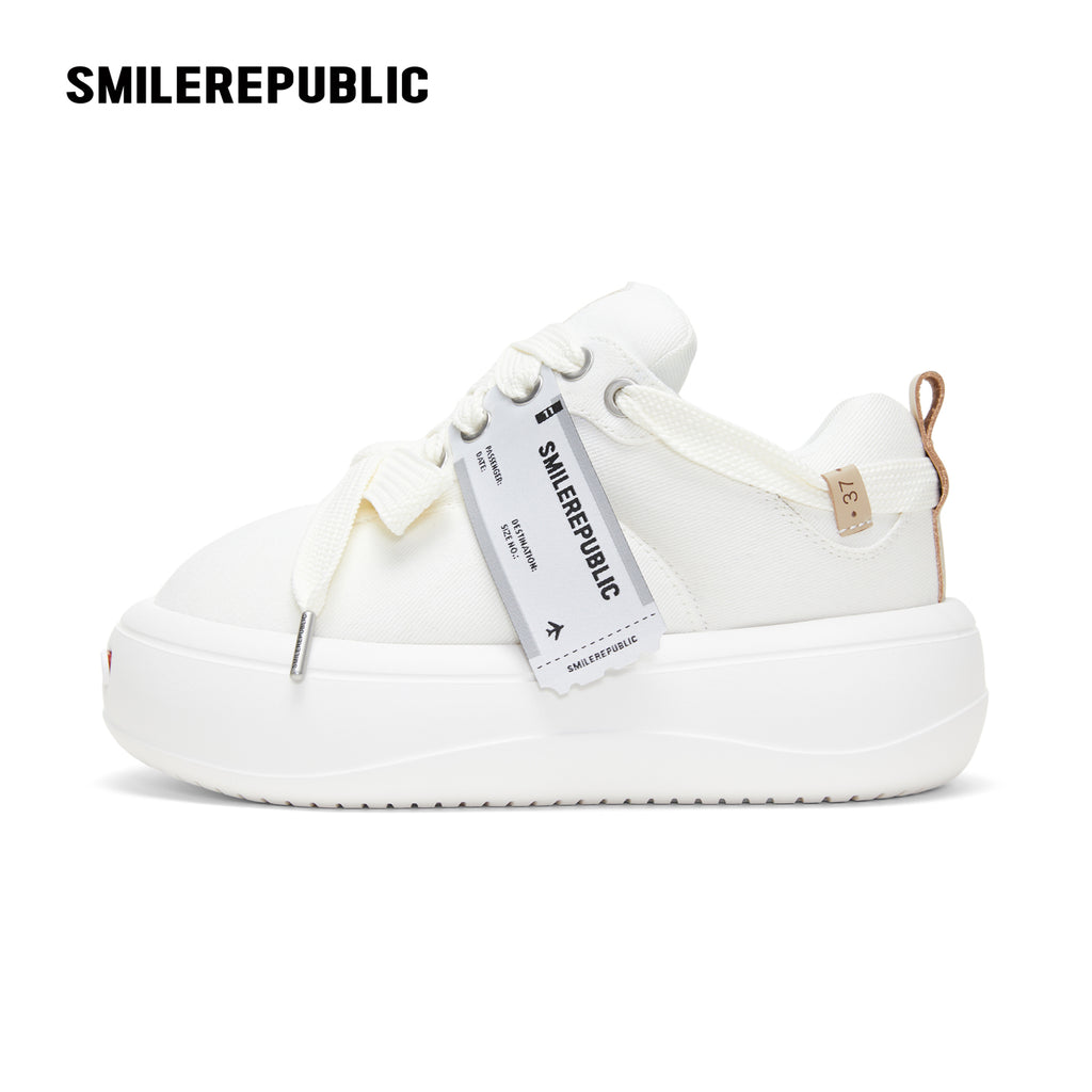 White Twill Low Top Chunky Platform Sneakers with Interchangeable Smile Toe