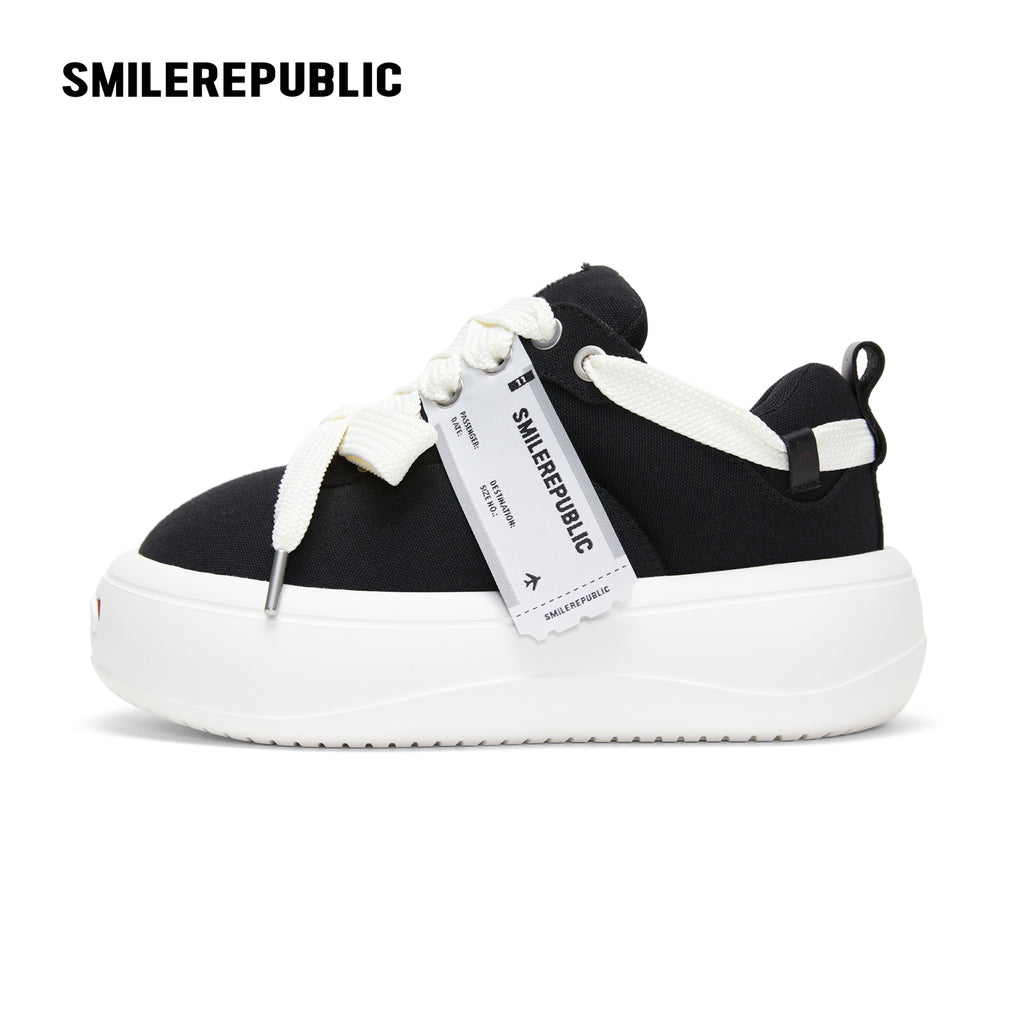 Black Canvas Interchangeable Smile Toe Chunky Platform Sneakers with Airplane Ticket Tag