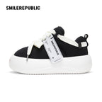 Black Canvas Interchangeable Smile Toe Chunky Platform Sneakers with Airplane Ticket Tag