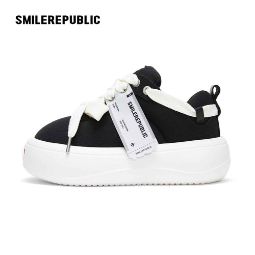 Black Canvas Interchangeable Smile Toe Chunky Platform Sneakers with Airplane Ticket Tag