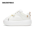 White Twill Low Top Chunky Platform Sneakers with Interchangeable Smile Toe