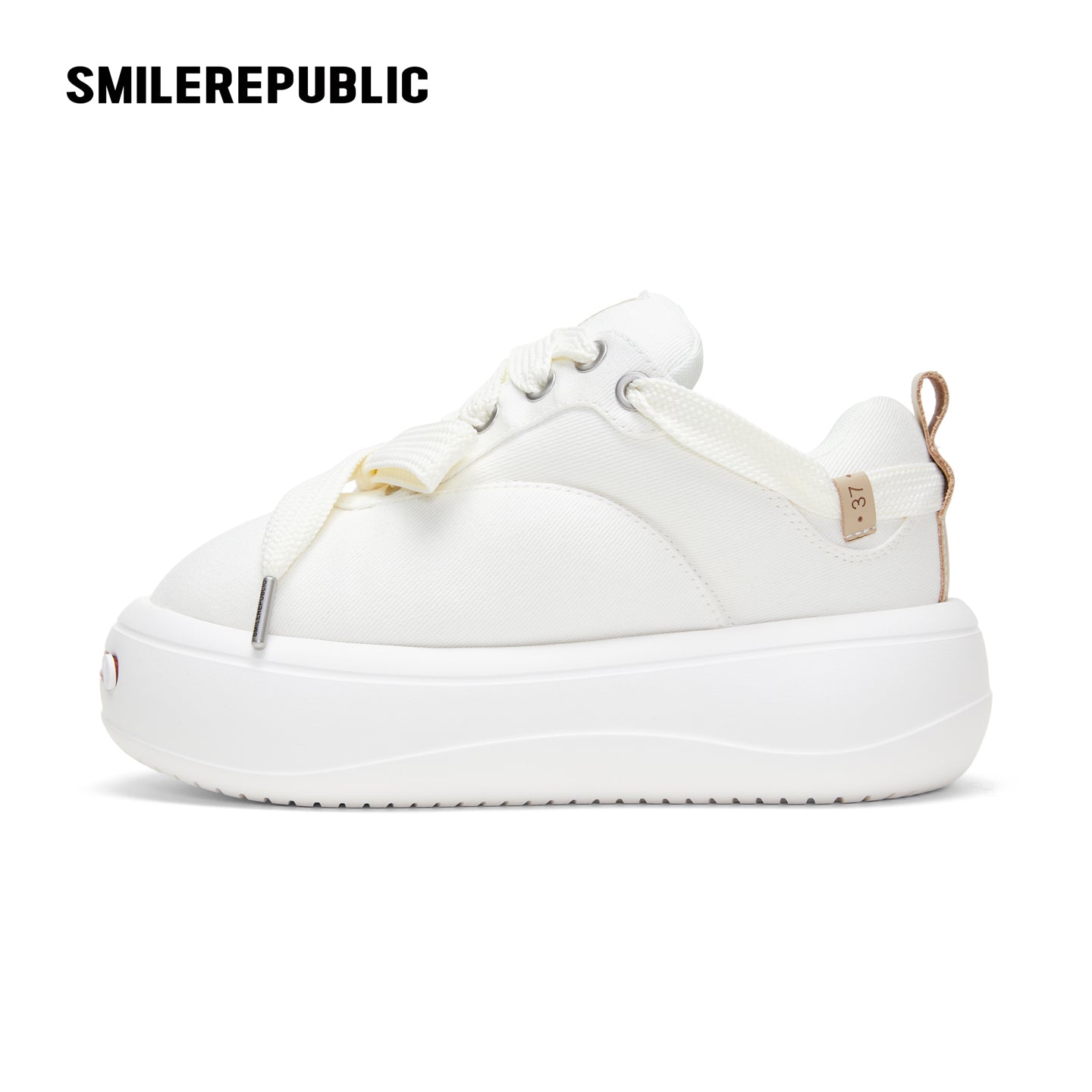 White Twill Low Top Chunky Platform Sneakers with Interchangeable Smile Toe