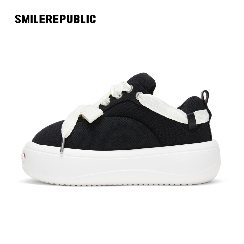 Black Canvas Interchangeable Smile Toe Chunky Platform Sneakers with Airplane Ticket Tag