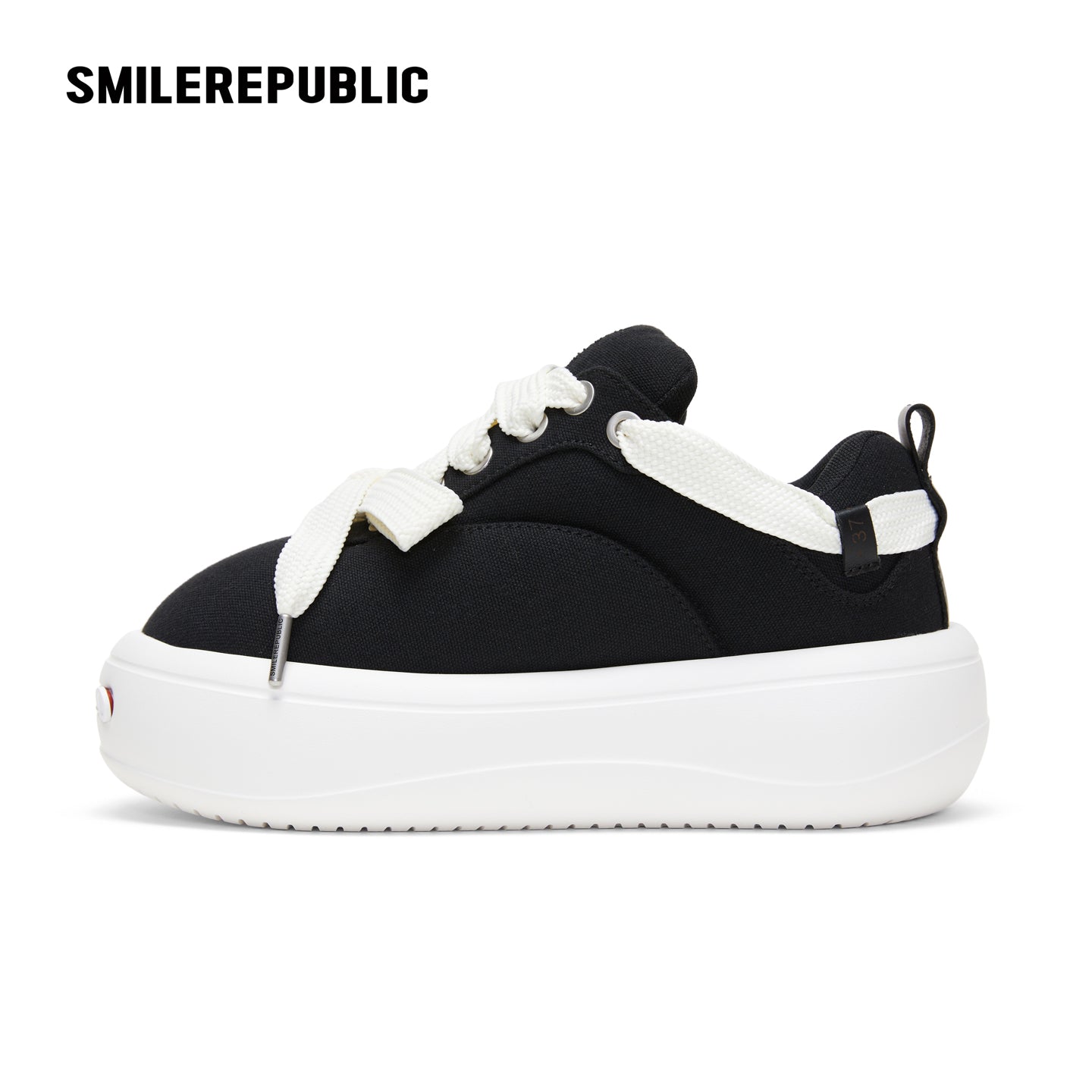 Black Canvas Interchangeable Smile Toe Chunky Platform Sneakers with Airplane Ticket Tag