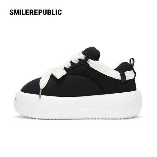 Black Canvas Interchangeable Smile Toe Chunky Platform Sneakers with Airplane Ticket Tag