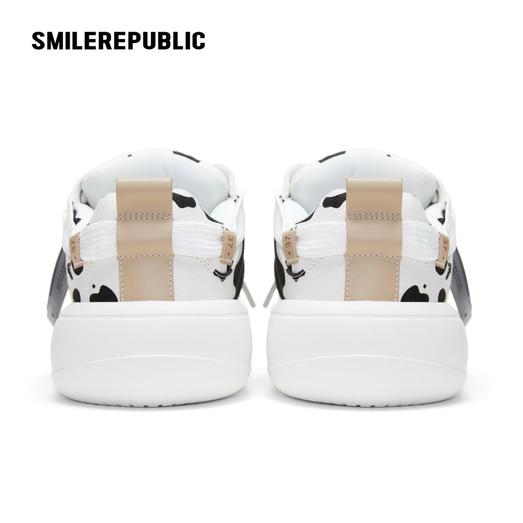 Black White Cow Print Twill Platform Sneakers, Unisex Lace Up Shoes