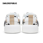 Black White Cow Print Twill Platform Sneakers, Unisex Lace Up Shoes