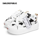 Black White Cow Print Twill Platform Sneakers, Unisex Lace Up Shoes