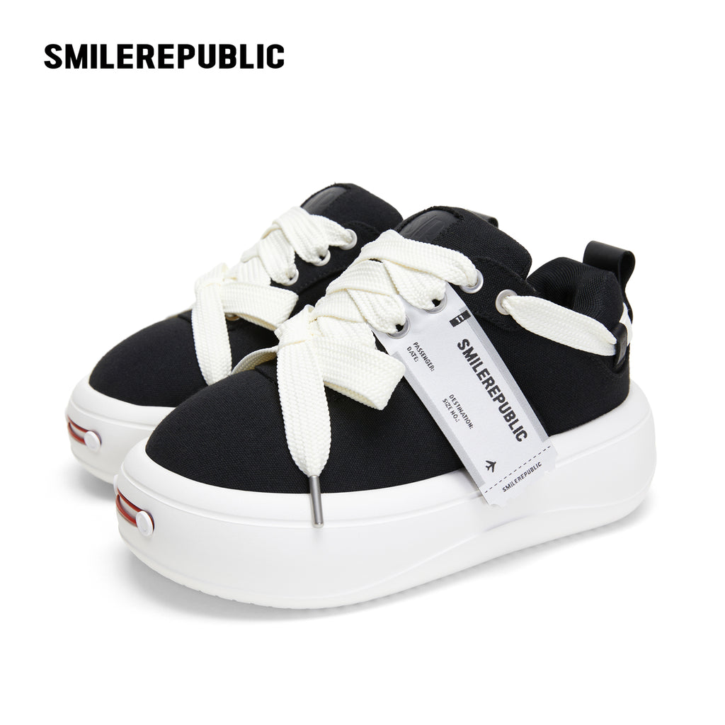 Black Canvas Interchangeable Smile Toe Chunky Platform Sneakers with Airplane Ticket Tag