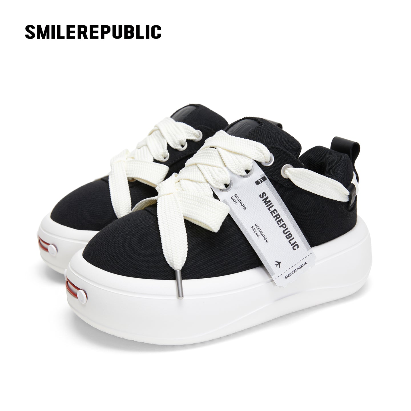 Black Canvas Interchangeable Smile Toe Chunky Platform Sneakers with Airplane Ticket Tag